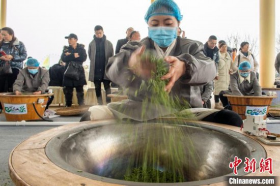 嫩茶叶在参赛选手炒茶手法的变换中“跳跃”。　刘忠俊 摄